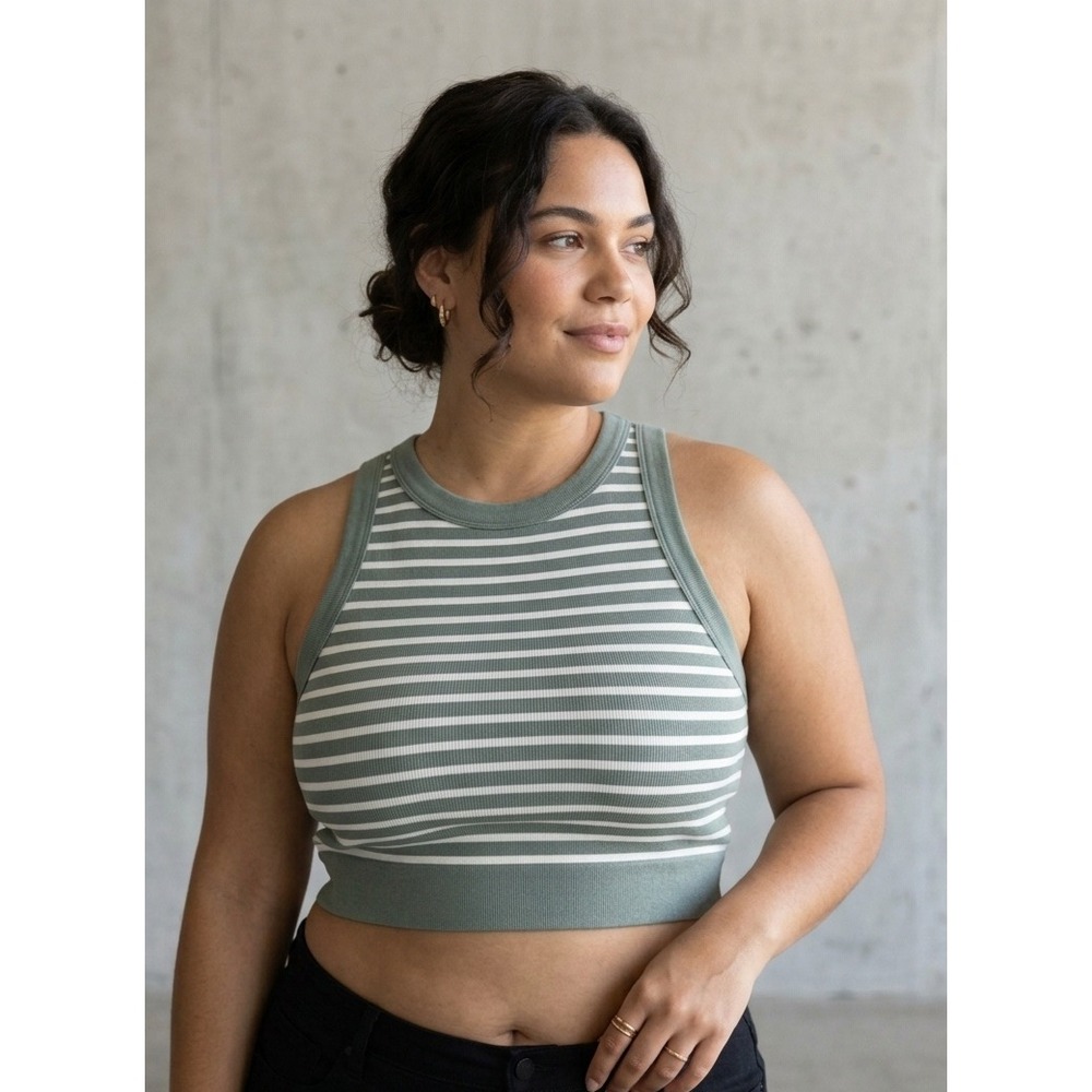 OFFLINE By Aerie Striped Ribbed High Neck Crop Tank Top Green XXL